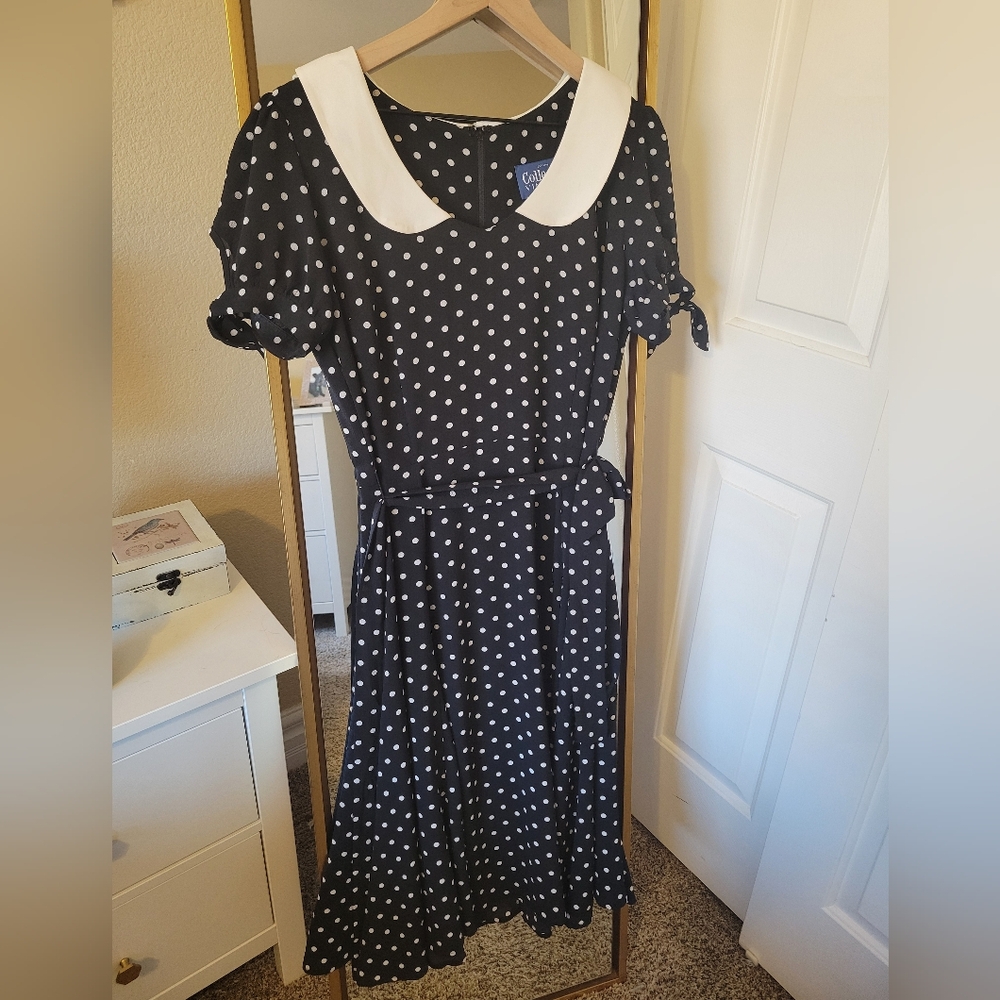 EUC Collectif Black and White Polka Dot Tea Length Dress UK 12 US 8